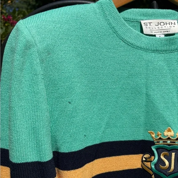 Vintage St. John collection green Teal knit Sweater with Crest and Stripes - Picture 3 of 7